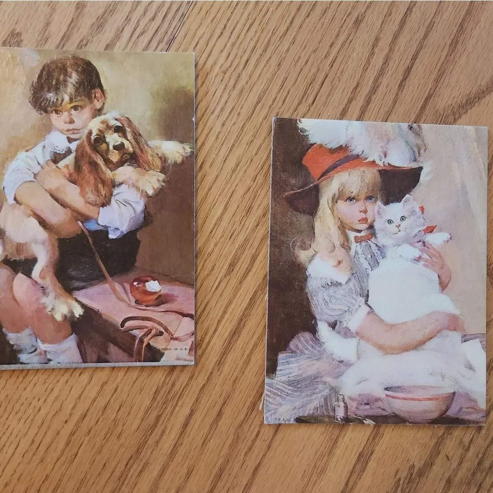 N25 Two Victorian unframed 5 x 7 prints Boy w/dog & girl w/white Persian cat